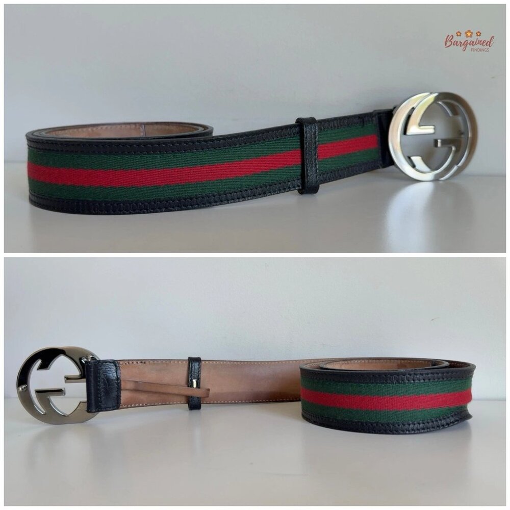 Authentic Gucci Web Green/Red Canvas Silver Interlocking G Buckle Belt 95/38 - Picture 10 of 14